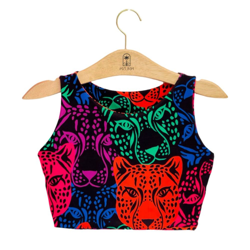 Cropped Feminino Estampado Inspiração Farm  Felinos Neon Blusa Cropped Top