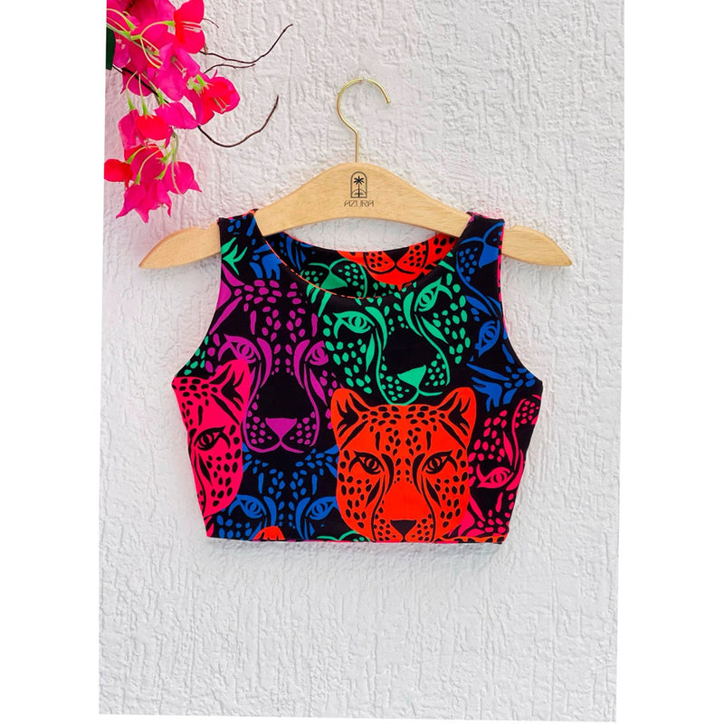 Cropped Feminino Estampado Inspiração Farm  Felinos Neon Blusa Cropped Top