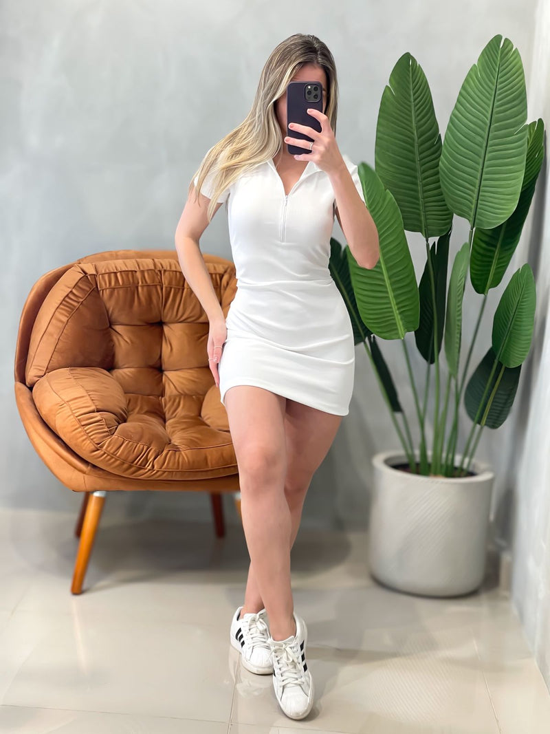 Vestido Curto em Ribana Manga Curta com Gola e Zíper