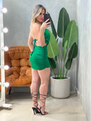 Vestido Curto em Malha Romantic Costas Nua Plissado com Argola Edvania