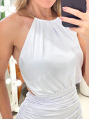 Vestido Curto em Malha Romantic Costas Nua Plissado com Argola Edvania