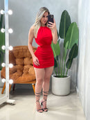 Vestido Curto em Malha Romantic Costas Nua Plissado com Argola Edvania